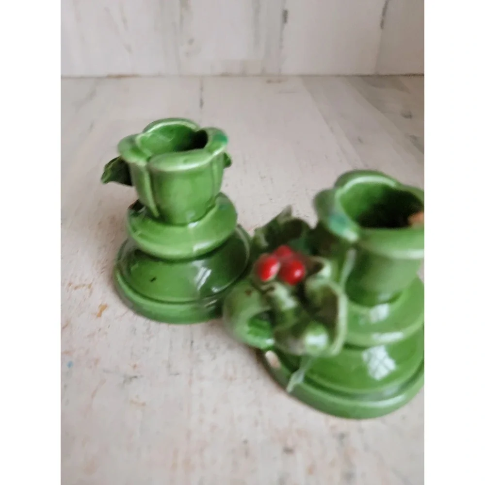 Ceramic mistletoe Holly candle stick green ceramic Xmas set home decor
